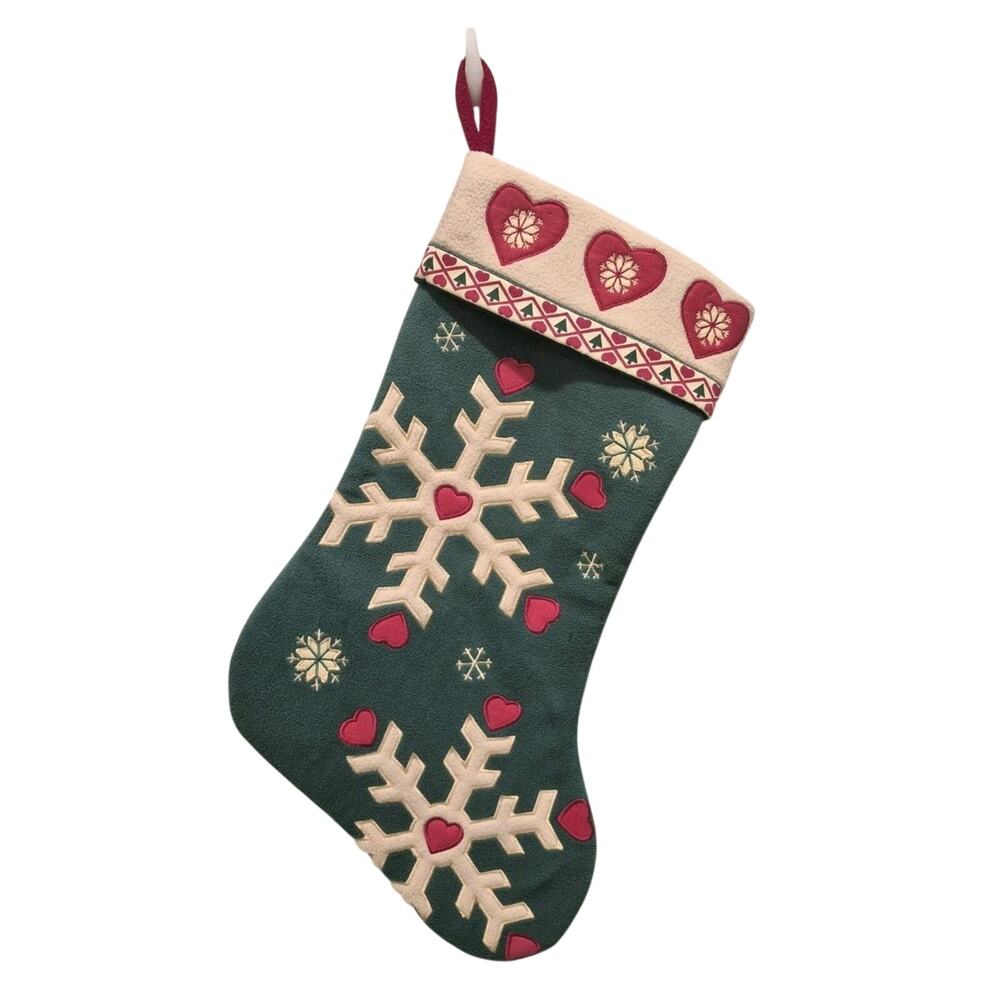 Large Green Stocking Snowflakes Hearts 20" Country Style Cotton Jingles and Joy